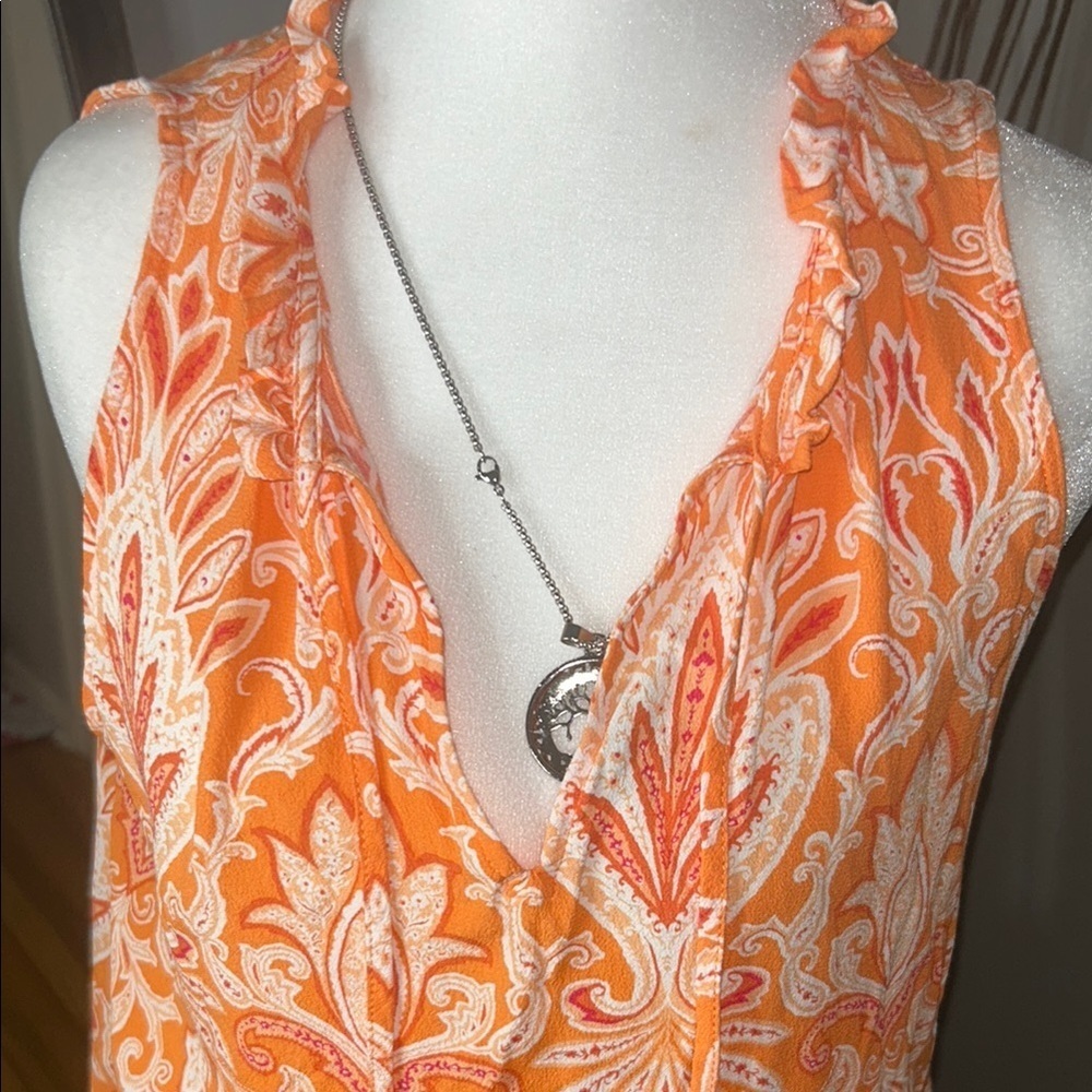 3x20 LOFT Orange and White Sleeveless Ruffled Tie Front Blouse - Picture 2 of 9